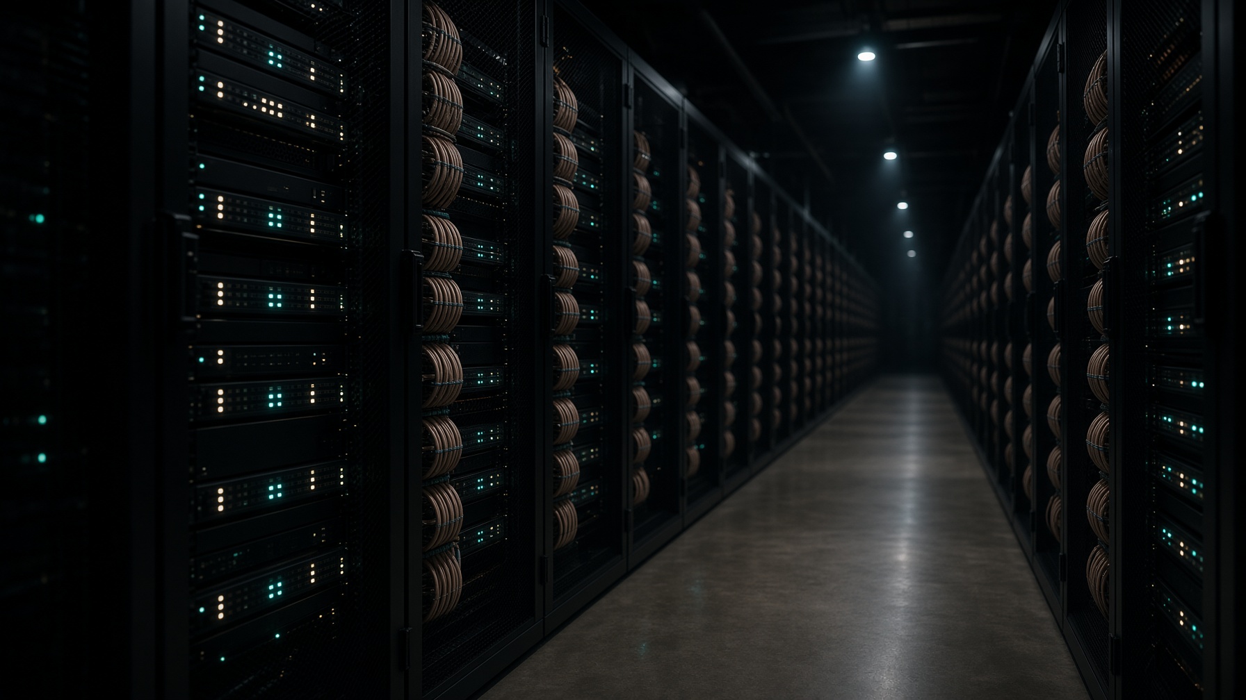 Darkened enterprise equipment room aisle with status LEDs on network racks