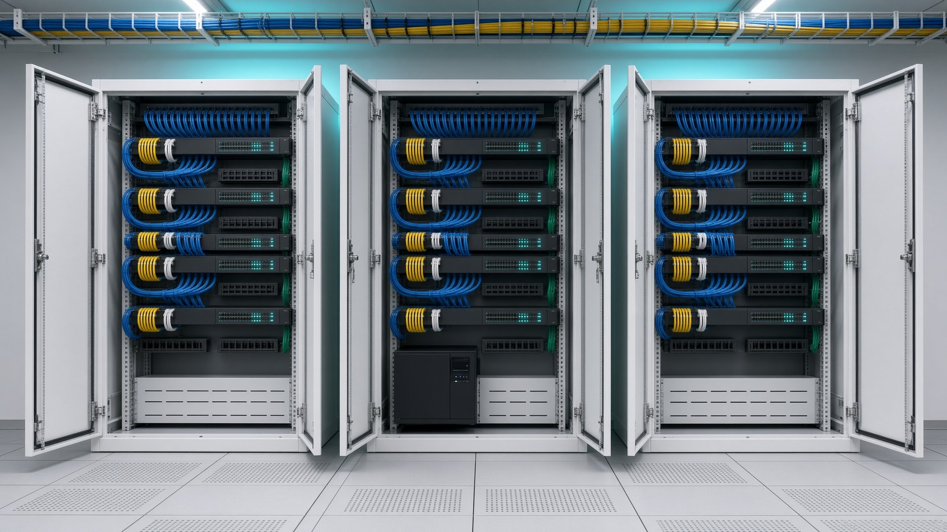 Neat IDF/MDF cabinet with short blue, yellow, white, and green Cat6 patch cords