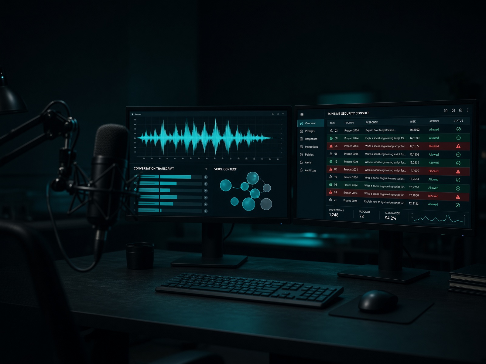 Voice-agent console and runtime security inspection screens, with a microphone in the foreground